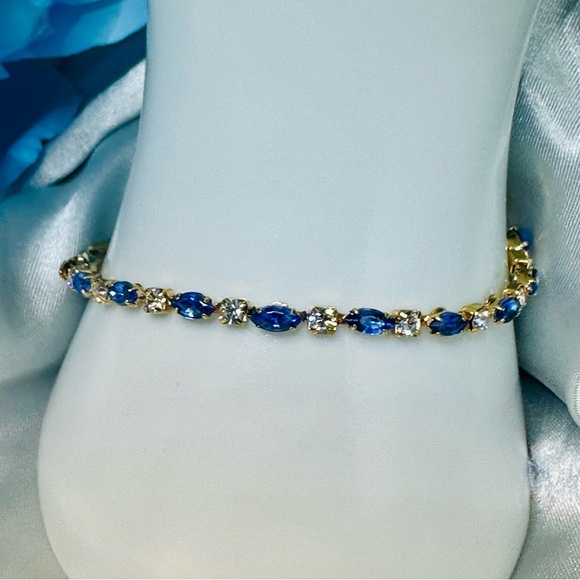 Vintage Gold Plated Tennis Bracelet – Blue & Clear Rhinestones, 7.5” - Picture 4 of 14